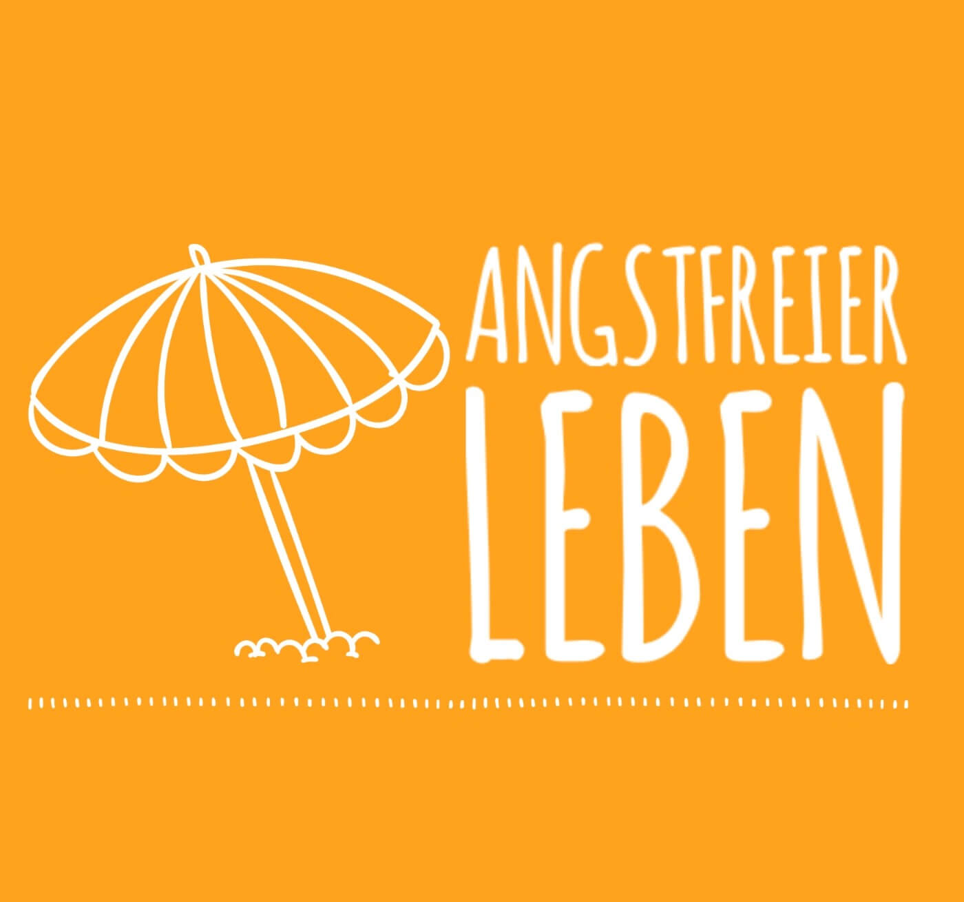 Das Logo von Angstfreier leben - Reiner Müller. Es zeigt einen Sonnenschirm, dieser steckt leicht schräg in den Sand gesteckt. Er schützt von Sonne und Regen. Rechts vom Sonnenschirm mit Schriftzug "ANGSTFREIER LEBEN". Orangener Hintergrund